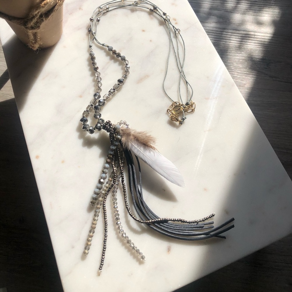 Blue and silver feathered necklace/Western hippie long beaded chain brand new